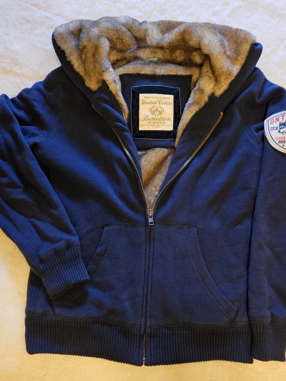 Original United Colors of Benetton Hooded Zip Up Jacket with Faux Fur Interior